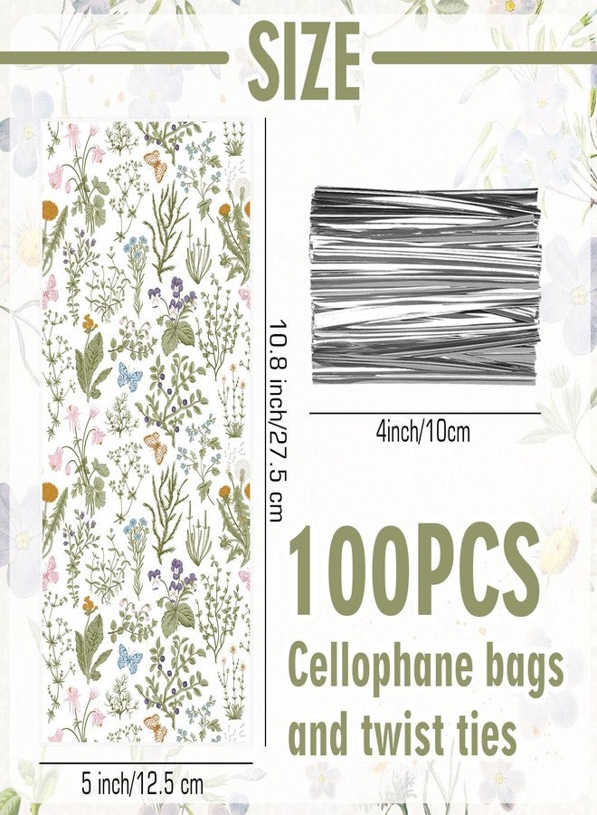 Whaline 100Pcs Vintage Spring Wildflower Cellophane Treat Bags with Twist Ties Retro Botanical Floral Plastic Candy Goodie Party Favor Bags for Wedding Birthday Baby Shower - Image 2